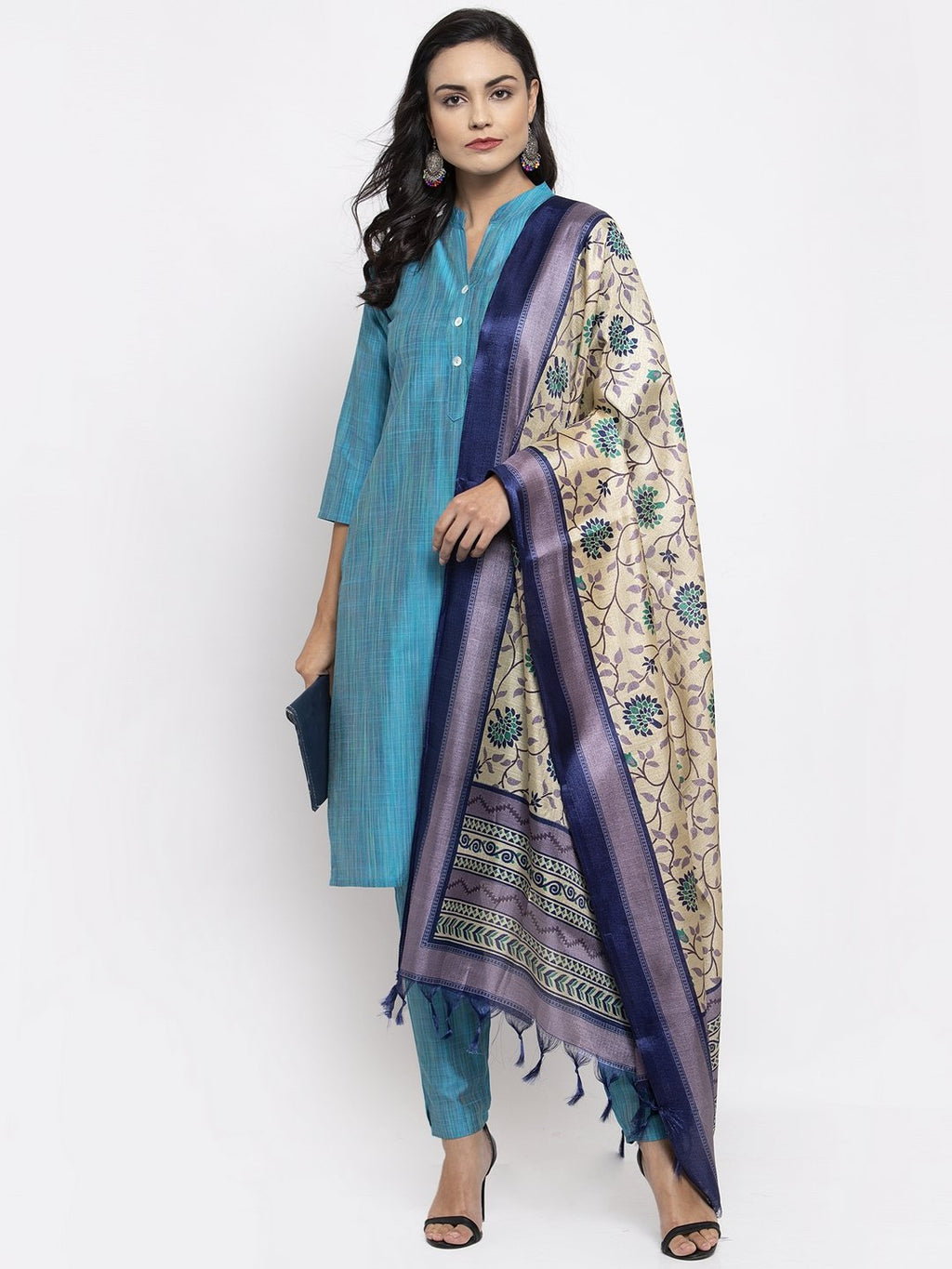 Jompers Women Blue & Green Self-Striped Kurta with Trousers And Printed Dupatta | Grocsy