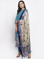 Jompers Women Blue & Green Self-Striped Kurta with Trousers And Printed Dupatta | Grocsy