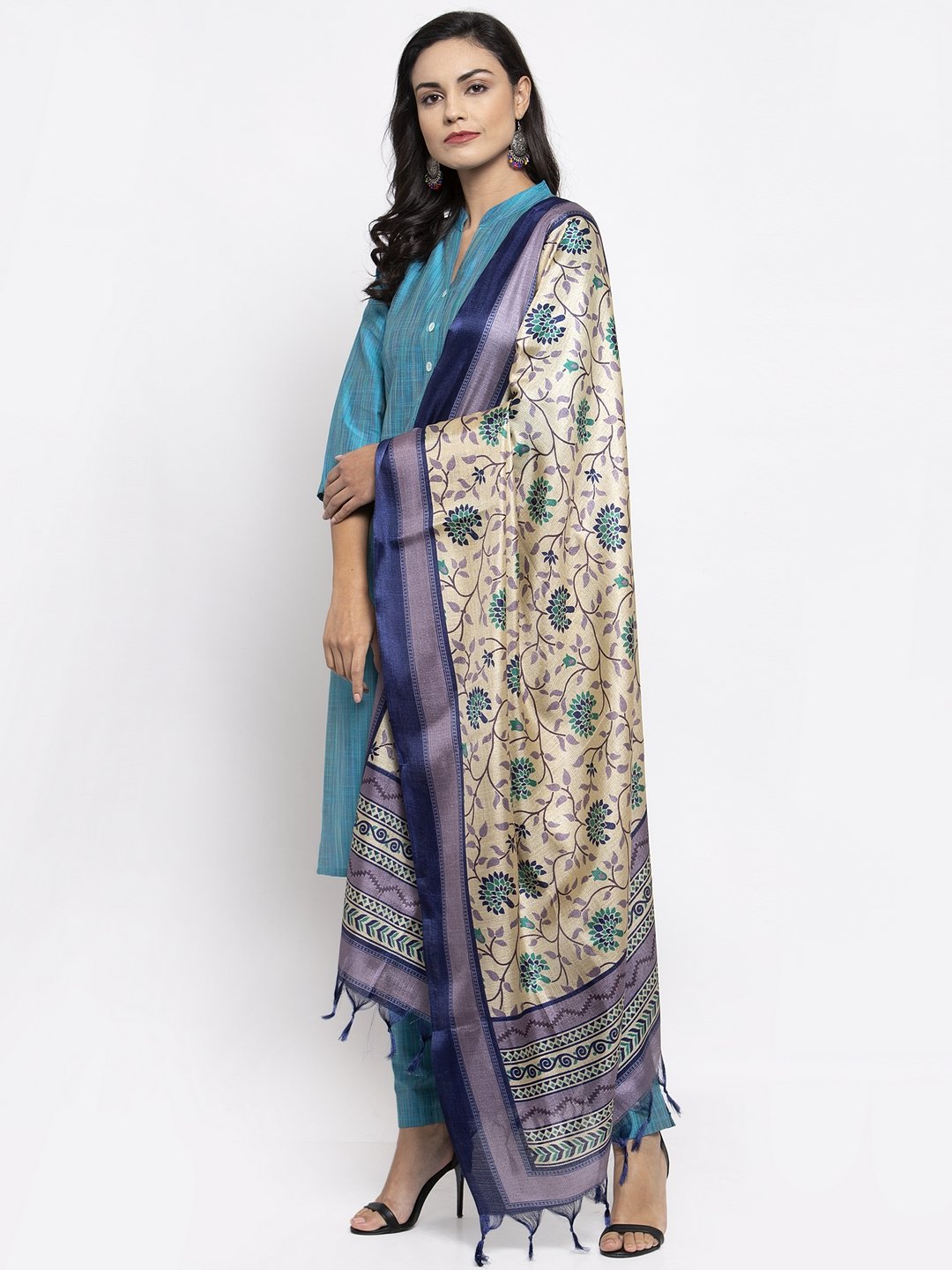 Jompers Women Blue & Green Self-Striped Kurta with Trousers And Printed Dupatta | Grocsy