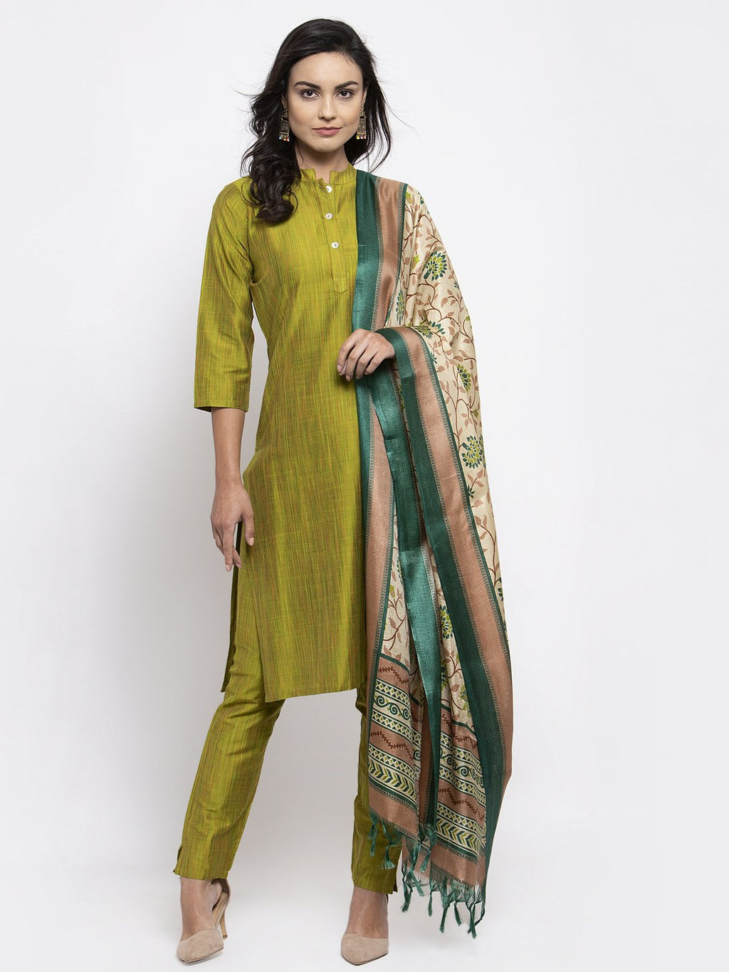 Jompers Women Green Self-Striped Kurta with Trousers & Art Silk Dupatta | Grocsy