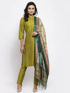 Jompers Women Green Self-Striped Kurta with Trousers & Art Silk Dupatta | Grocsy