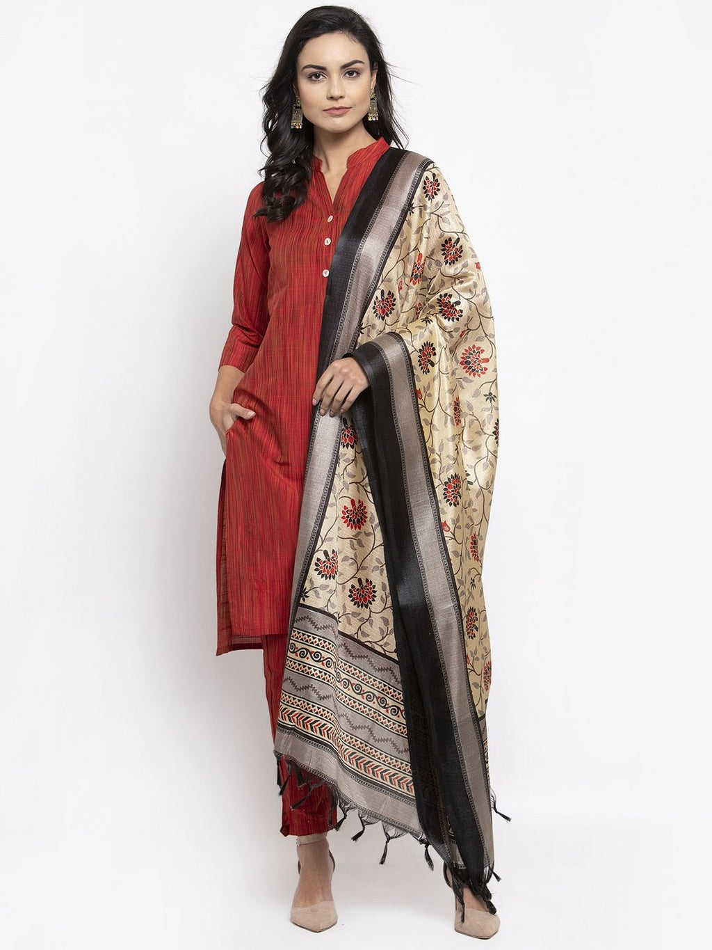 Jompers Women Red Self-Striped Kurta with Trousers & Art Silk Dupatta | Grocsy