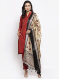 Jompers Women Red Self-Striped Kurta with Trousers & Art Silk Dupatta | Grocsy