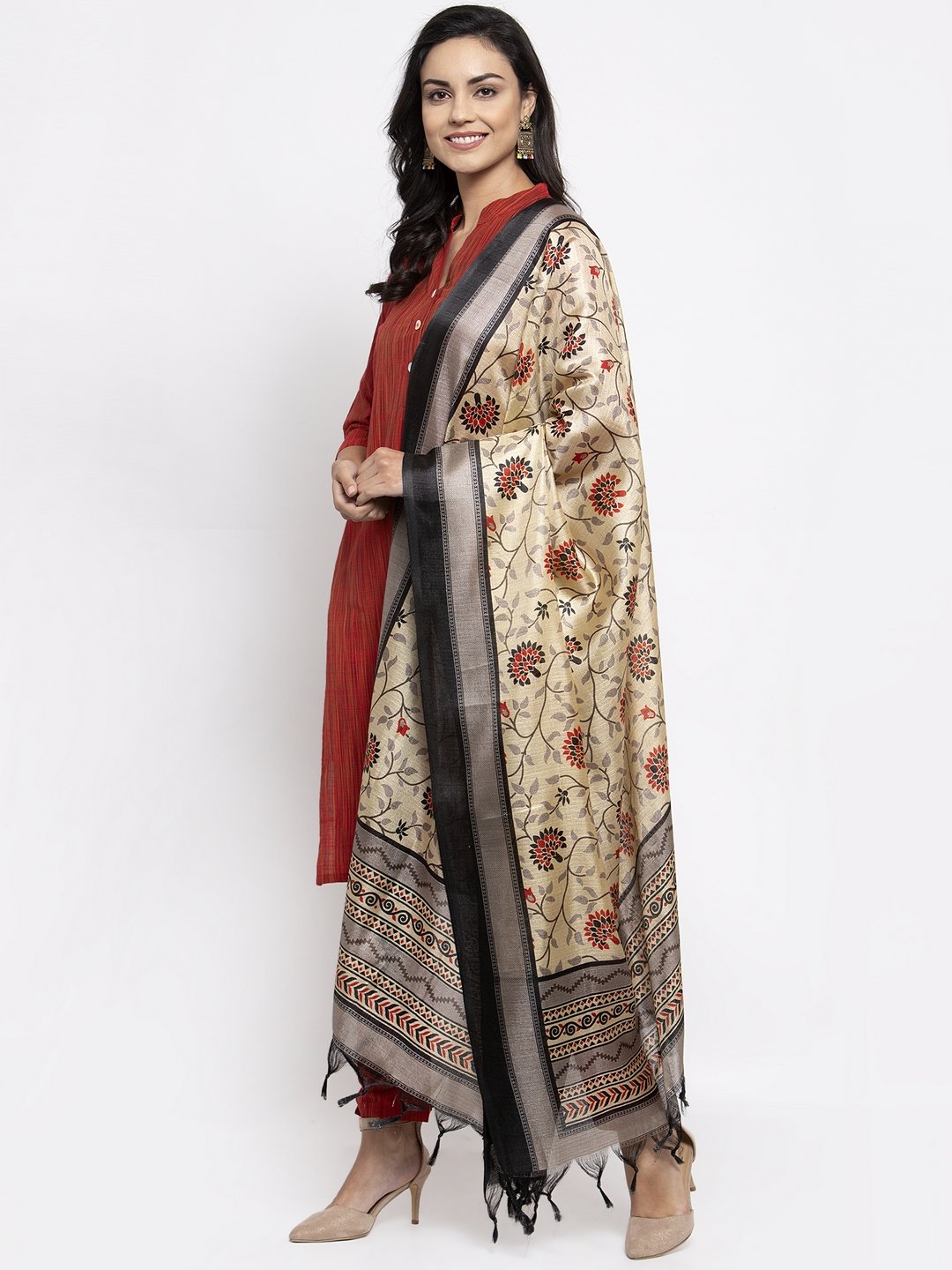 Jompers Women Red Self-Striped Kurta with Trousers & Art Silk Dupatta | Grocsy