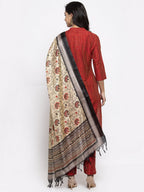 Jompers Women Red Self-Striped Kurta with Trousers & Art Silk Dupatta | Grocsy