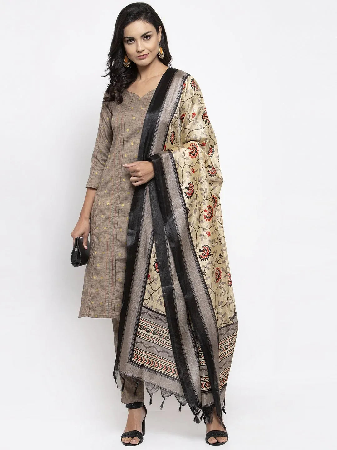 Jompers Women's Grey Striped Kurta with Trousers & Beige-Red Printed Dupatta | Grocsy
