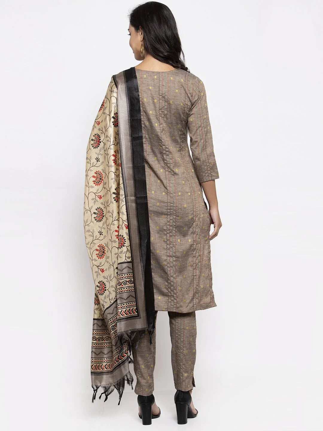 Jompers Women's Grey Striped Kurta with Trousers & Beige-Red Printed Dupatta | Grocsy