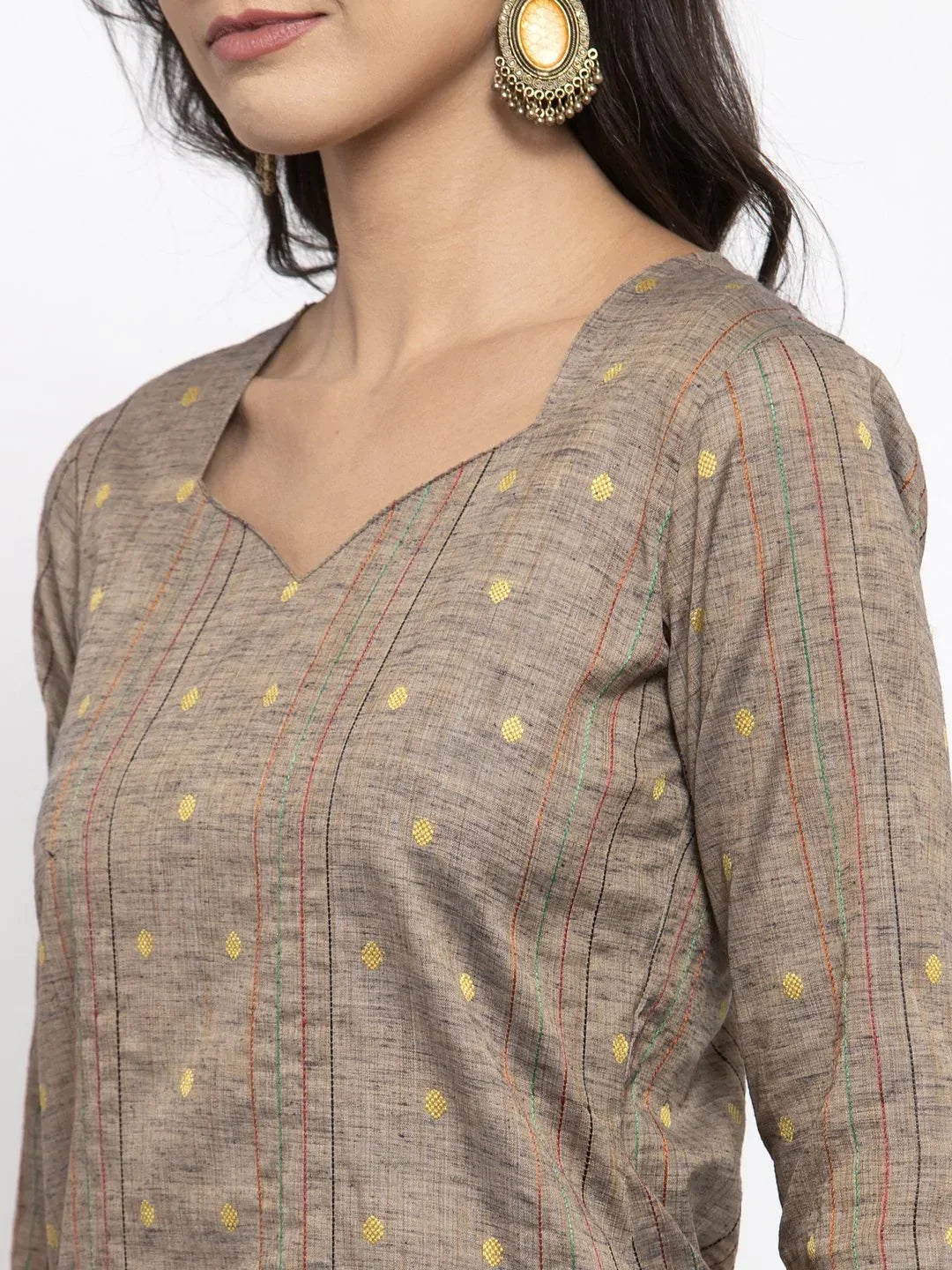 Jompers Women's Grey Striped Kurta with Trousers & Beige-Red Printed Dupatta | Grocsy