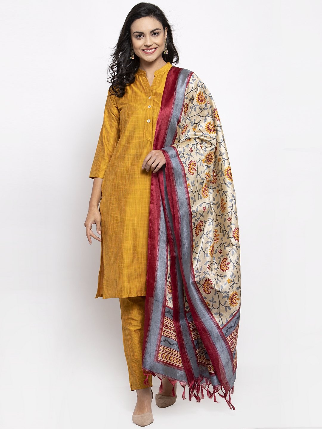Jompers Women Yellow Self-Striped Kurta with Trousers & Art Silk Dupatta | Grocsy