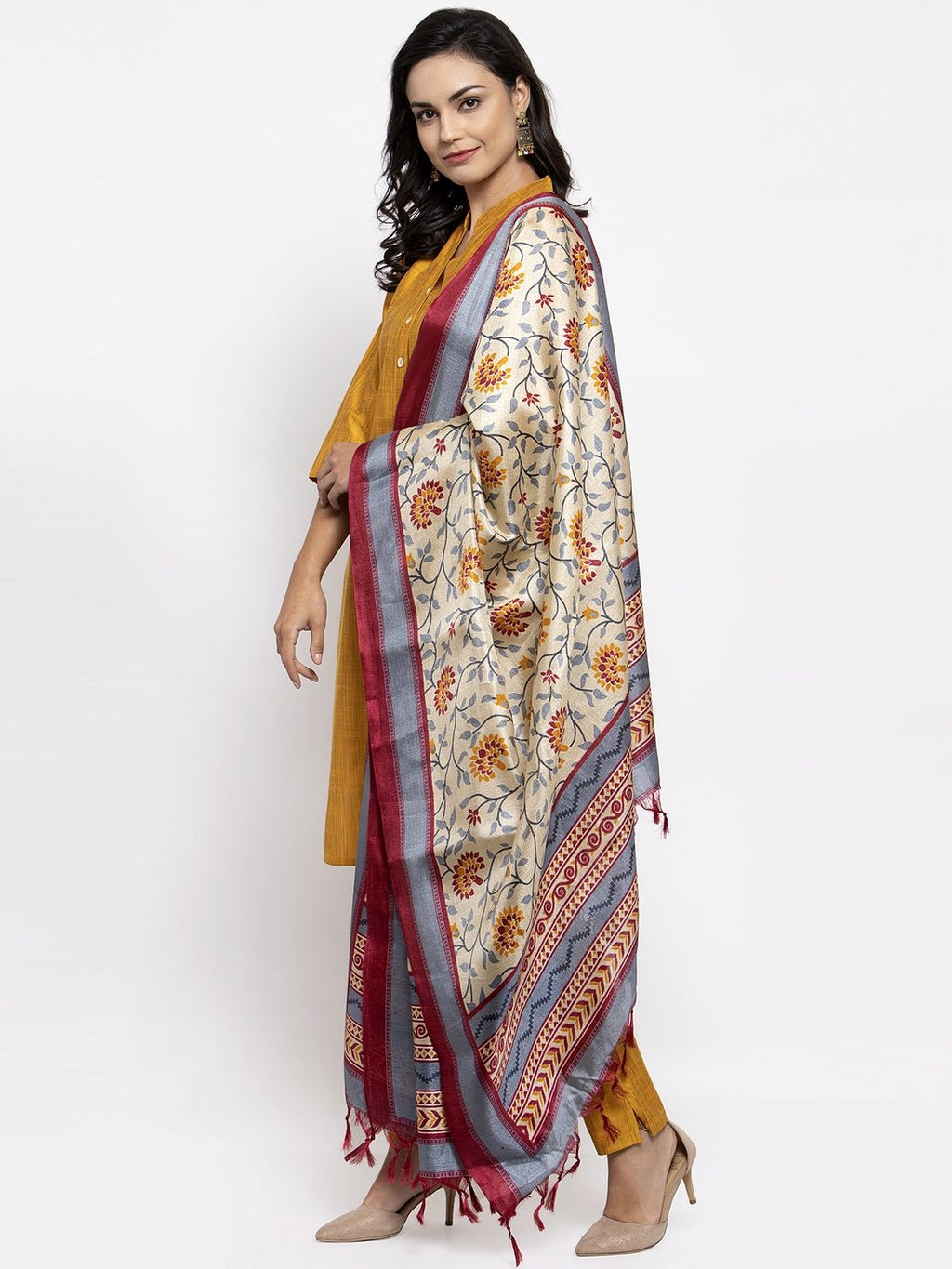Jompers Women Yellow Self-Striped Kurta with Trousers & Art Silk Dupatta | Grocsy