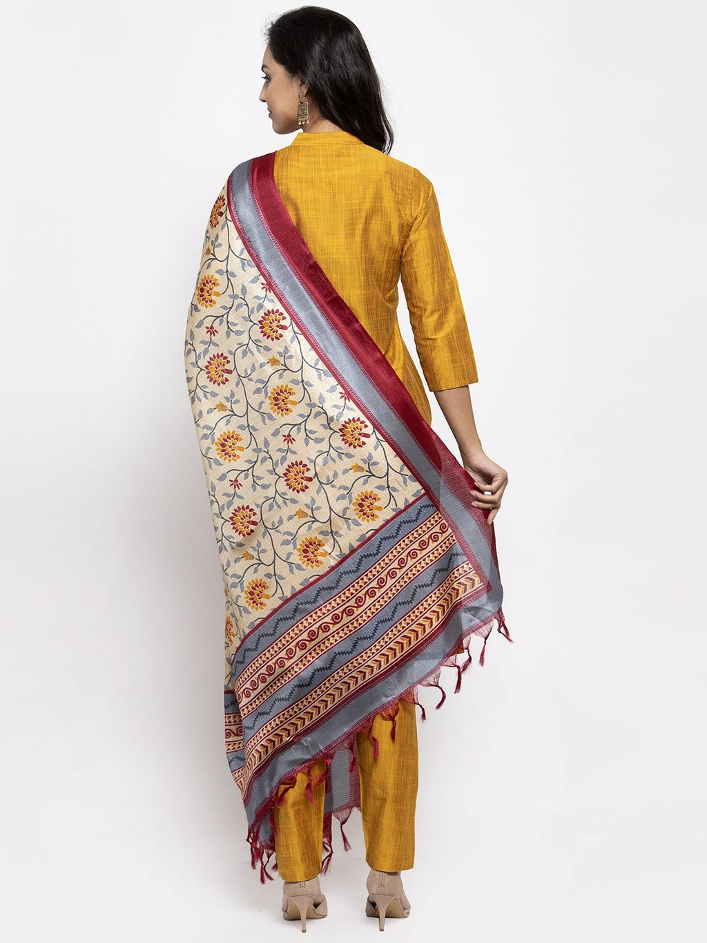 Jompers Women Yellow Self-Striped Kurta with Trousers & Art Silk Dupatta | Grocsy