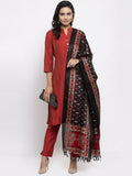 Jompers Women Red Self-Striped Kurta with Trousers & Art Silk Printed Dupatta | Grocsy