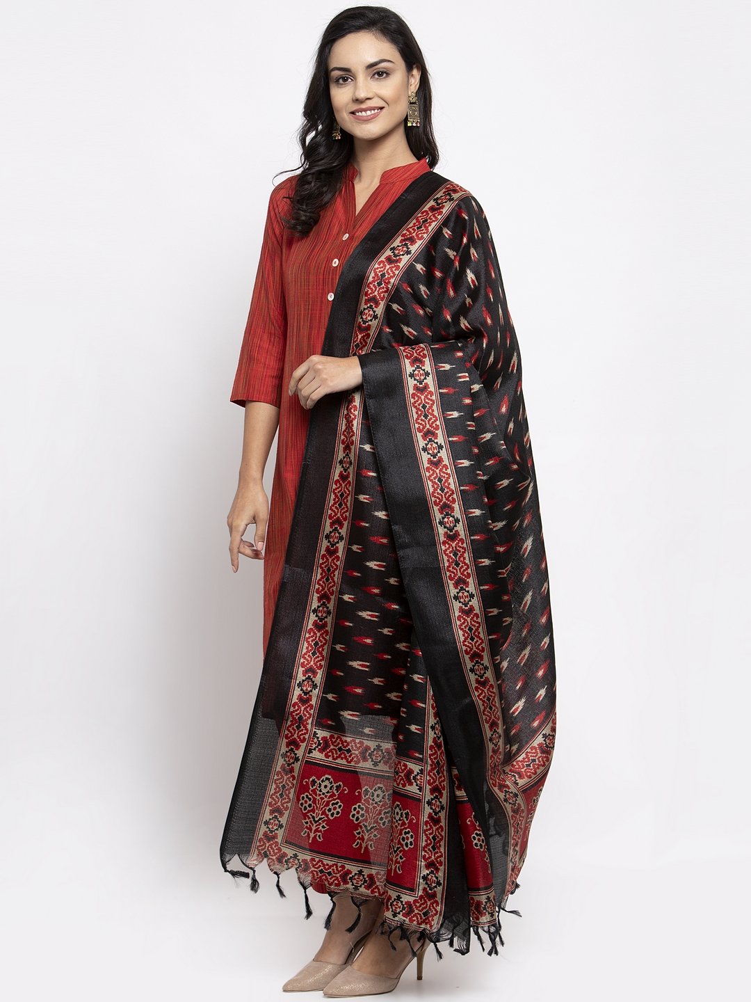 Jompers Women Red Self-Striped Kurta with Trousers & Art Silk Printed Dupatta | Grocsy