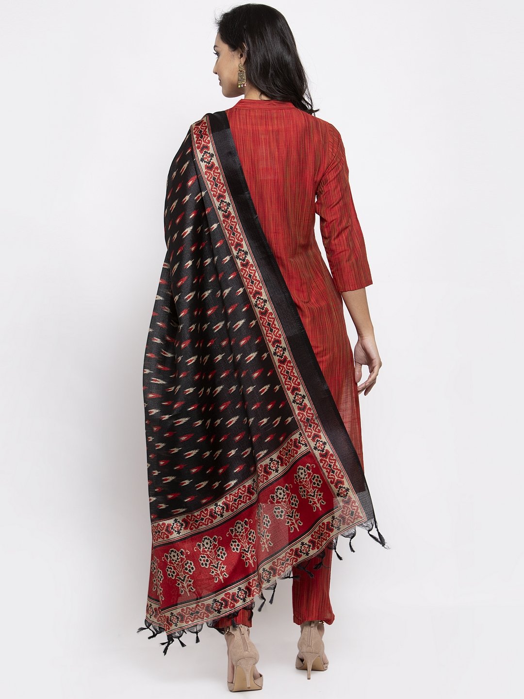 Jompers Women Red Self-Striped Kurta with Trousers & Art Silk Printed Dupatta | Grocsy