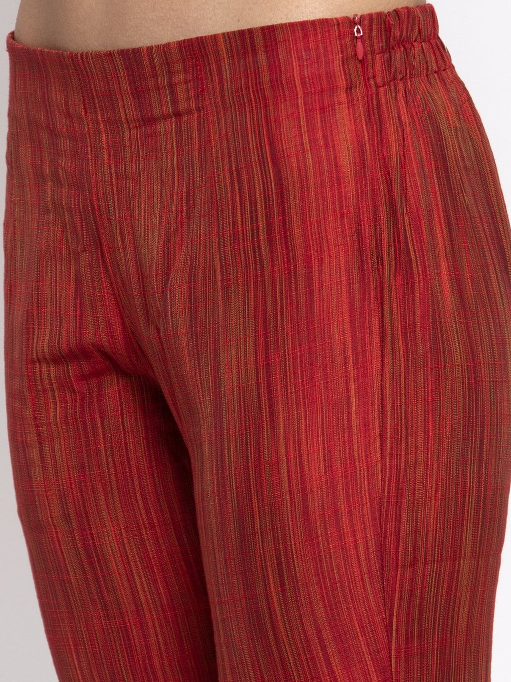 Jompers Women Red Self-Striped Kurta with Trousers & Art Silk Printed Dupatta | Grocsy