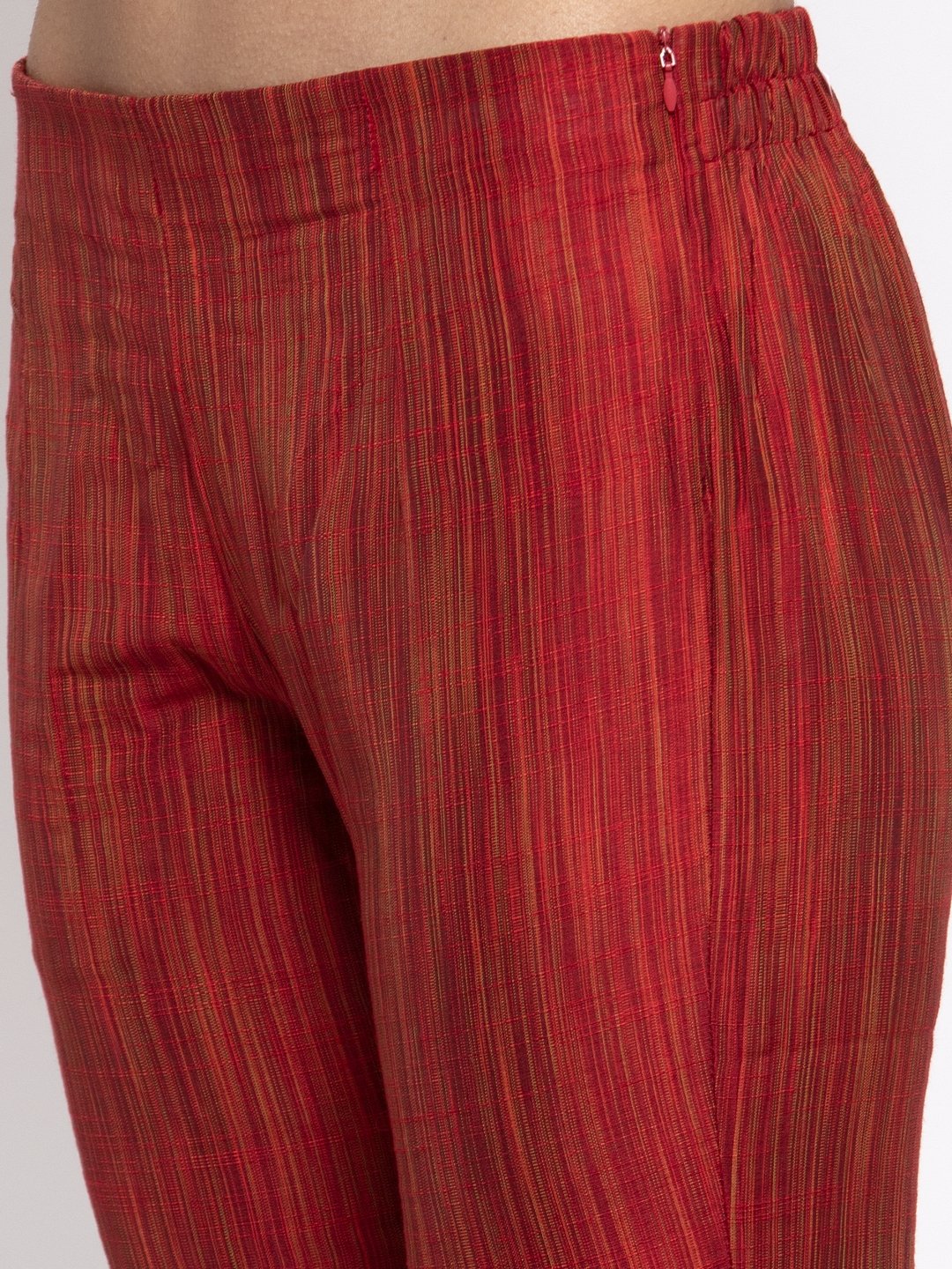 Jompers Women Red Self-Striped Kurta with Trousers & Art Silk Printed Dupatta | Grocsy