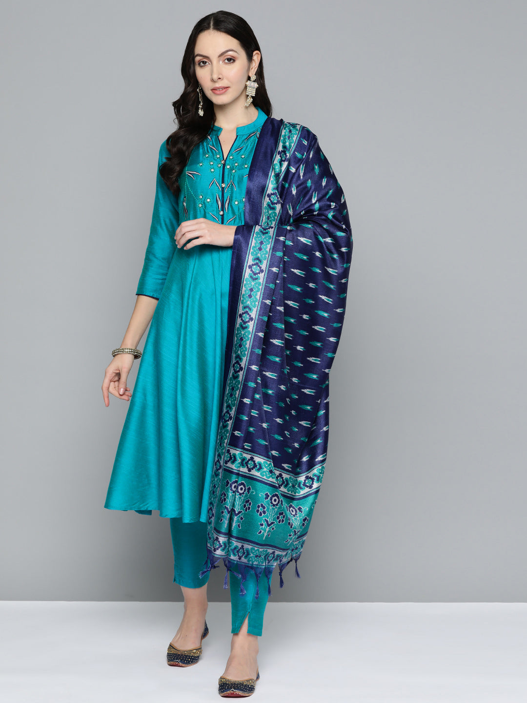Jompers Women's Floral Embroidered Kurta with Trousers & With Dupatta - Blue | Grocsy