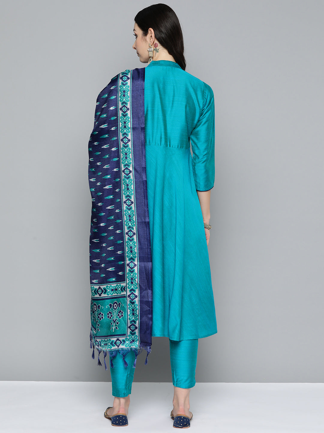 Jompers Women's Floral Embroidered Kurta with Trousers & With Dupatta - Blue | Grocsy
