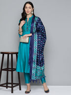 Jompers Women's Floral Embroidered Kurta with Trousers & With Dupatta - Blue | Grocsy