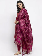 Jompers Women Pink Self-Striped Kurta with Trousers & Art Silk Printed Dupatta | Grocsy