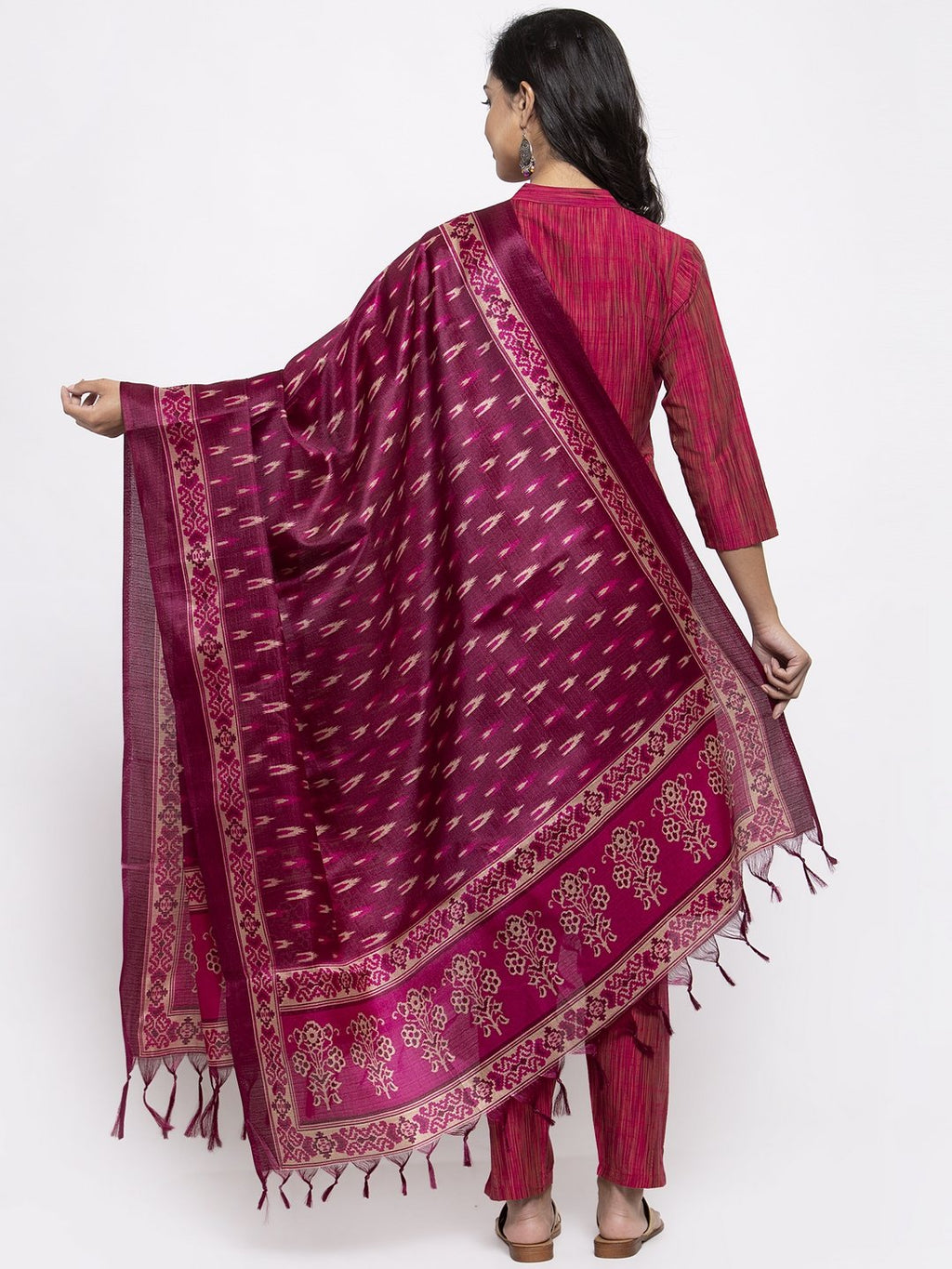 Jompers Women Pink Self-Striped Kurta with Trousers & Art Silk Printed Dupatta | Grocsy