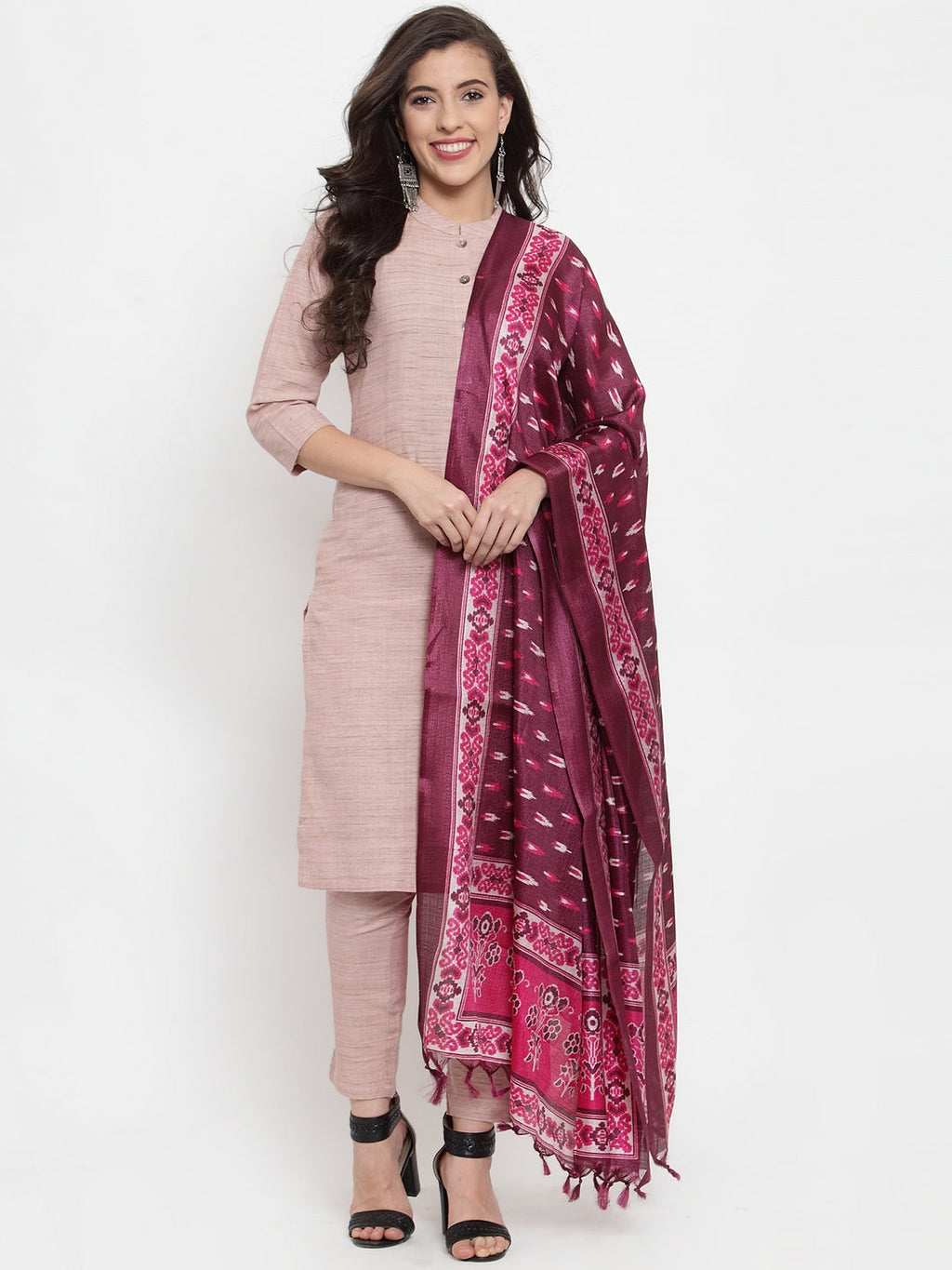 Jompers Women Pink Solid Kurta with Trousers & Dupatta | Grocsy