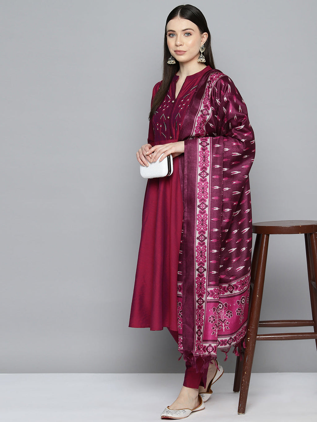 Jompers Women's Embroidered Cotton Silk Flared kurta,pant with dupatta set - Pink | Grocsy