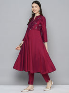 Jompers Women's Embroidered Cotton Silk Flared kurta,pant with dupatta set - Pink | Grocsy