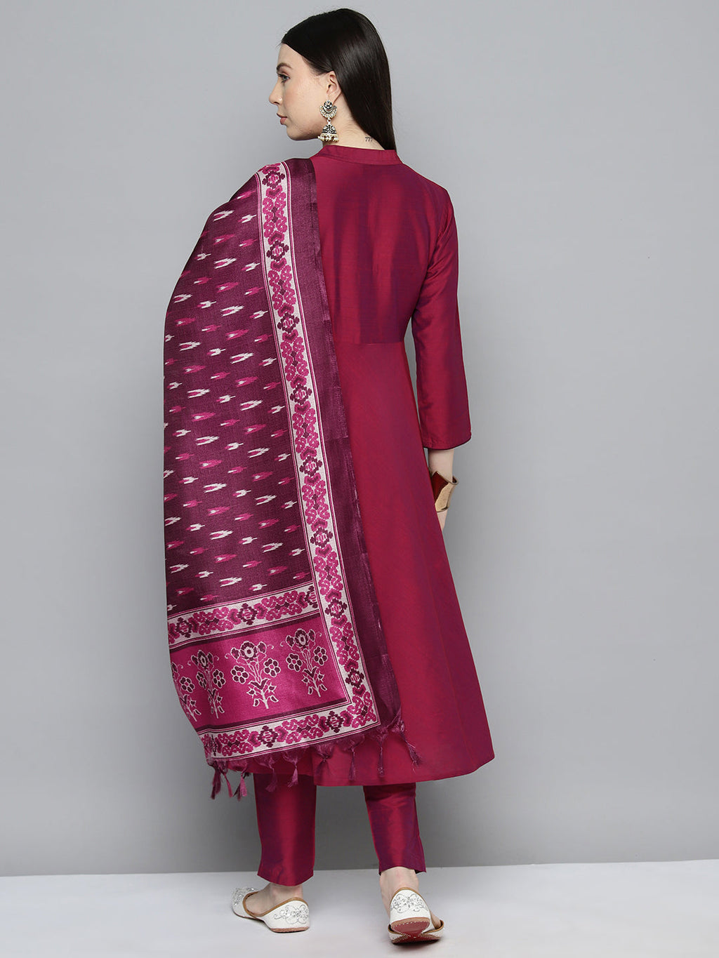 Jompers Women's Embroidered Cotton Silk Flared kurta,pant with dupatta set - Pink | Grocsy