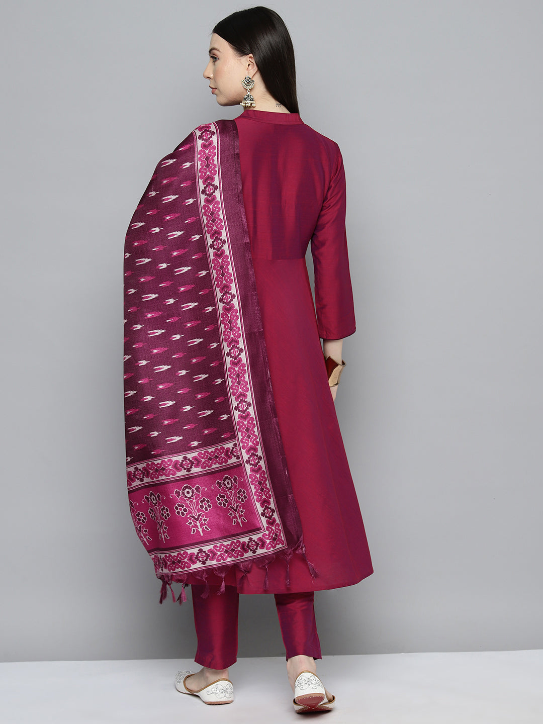 Jompers Women's Embroidered Cotton Silk Flared kurta,pant with dupatta set - Pink | Grocsy