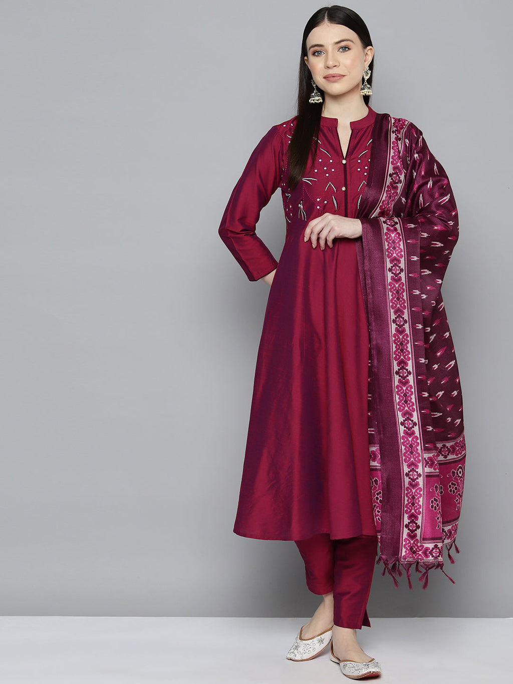 Jompers Women's Embroidered Cotton Silk Flared kurta,pant with dupatta set - Pink | Grocsy