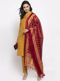 Jompers Women Yellow Self-Striped Kurta with Trousers & Art Silk Printed Dupatta | Grocsy