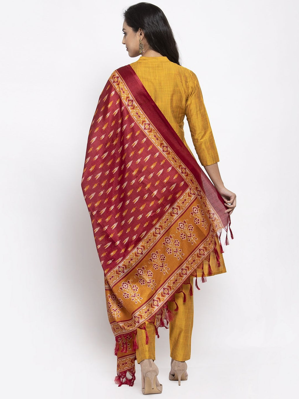 Jompers Women Yellow Self-Striped Kurta with Trousers & Art Silk Printed Dupatta | Grocsy