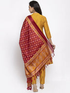 Jompers Women Yellow Self-Striped Kurta with Trousers & Art Silk Printed Dupatta | Grocsy