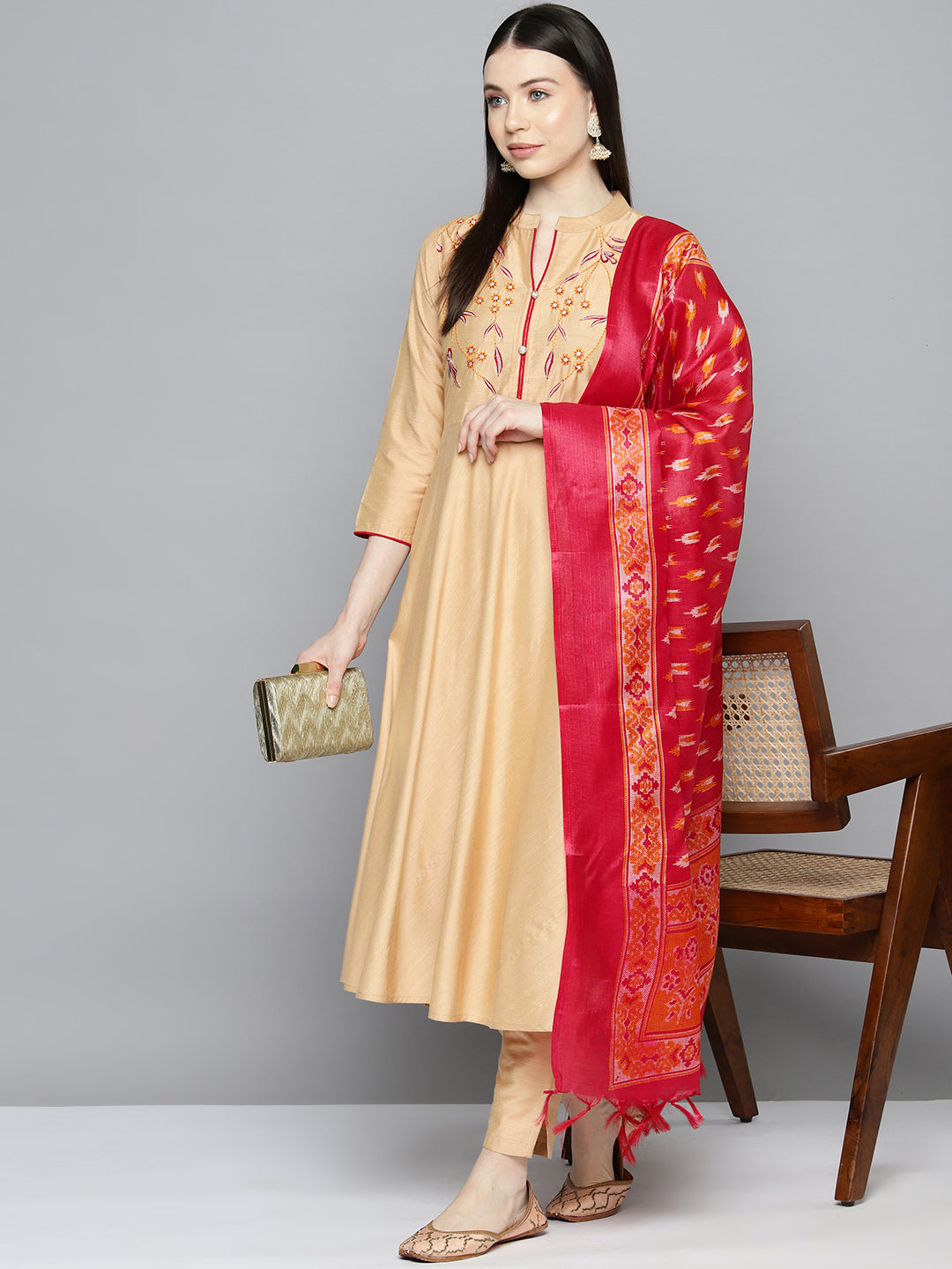 Jompers Women's Embroidered Cotton Silk Flared kurta,pant with dupatta set - Golden | Grocsy