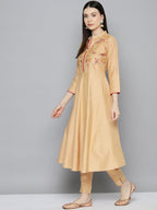 Jompers Women's Embroidered Cotton Silk Flared kurta,pant with dupatta set - Golden | Grocsy