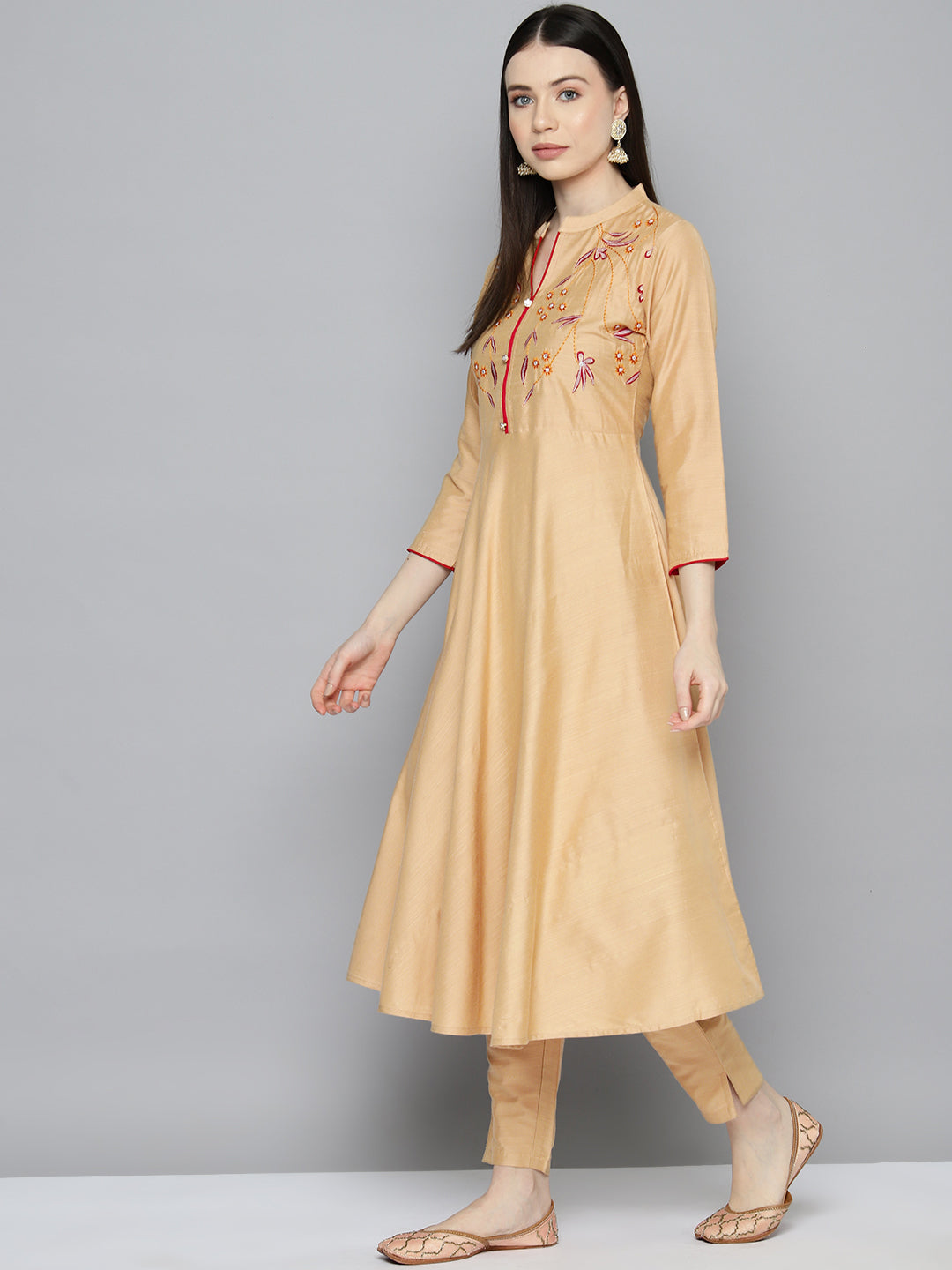Jompers Women's Embroidered Cotton Silk Flared kurta,pant with dupatta set - Golden | Grocsy