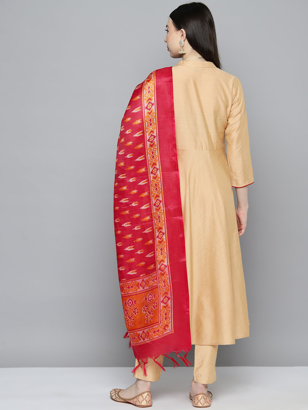 Jompers Women's Embroidered Cotton Silk Flared kurta,pant with dupatta set - Golden | Grocsy