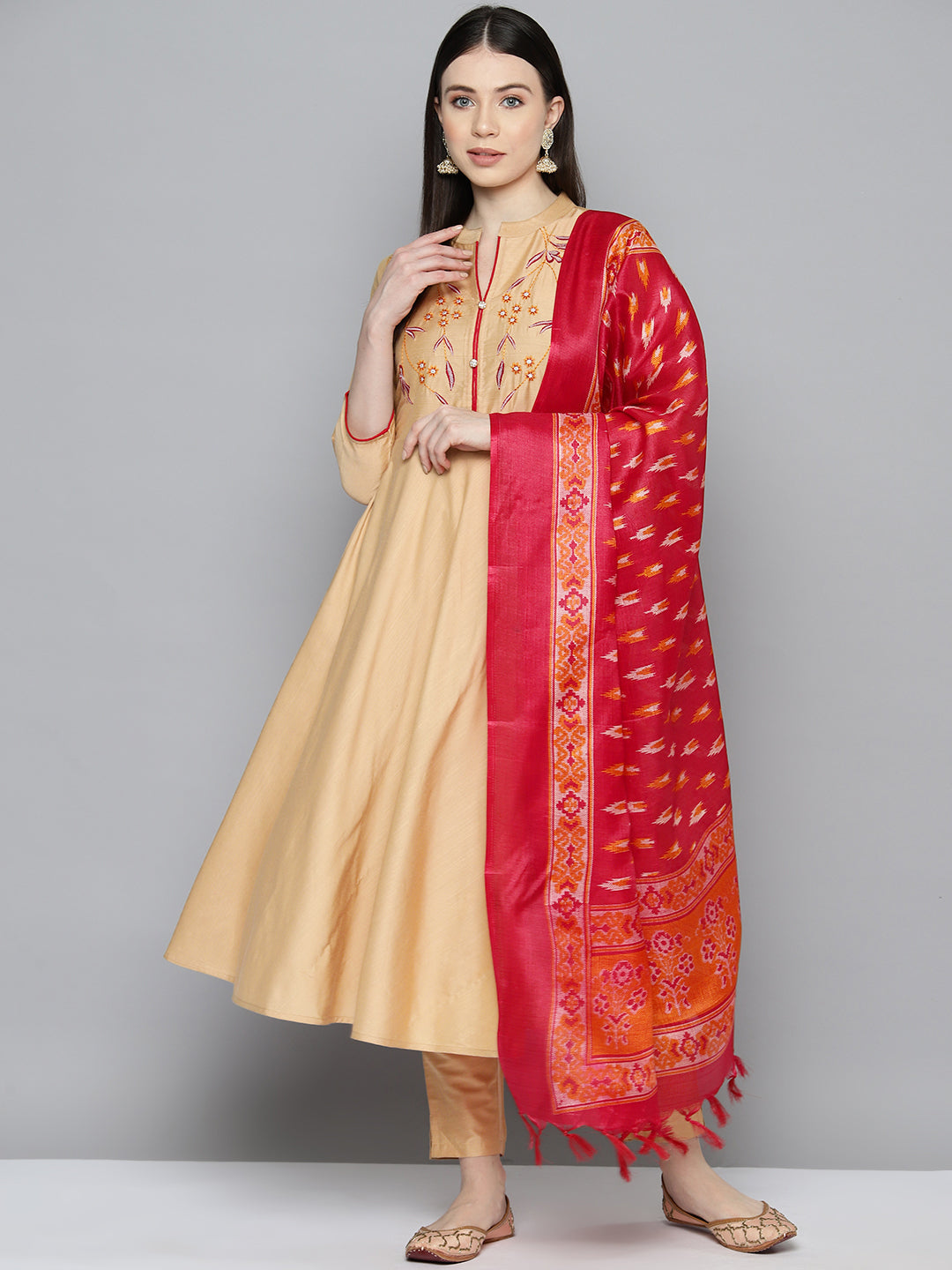 Jompers Women's Embroidered Cotton Silk Flared kurta,pant with dupatta set - Golden | Grocsy
