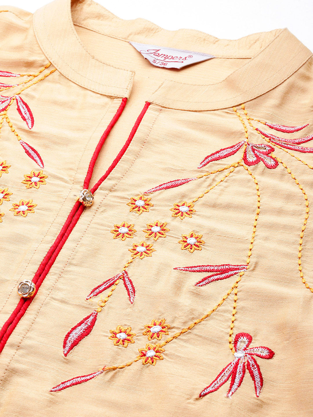 Jompers Women's Embroidered Cotton Silk Flared kurta,pant with dupatta set - Golden | Grocsy