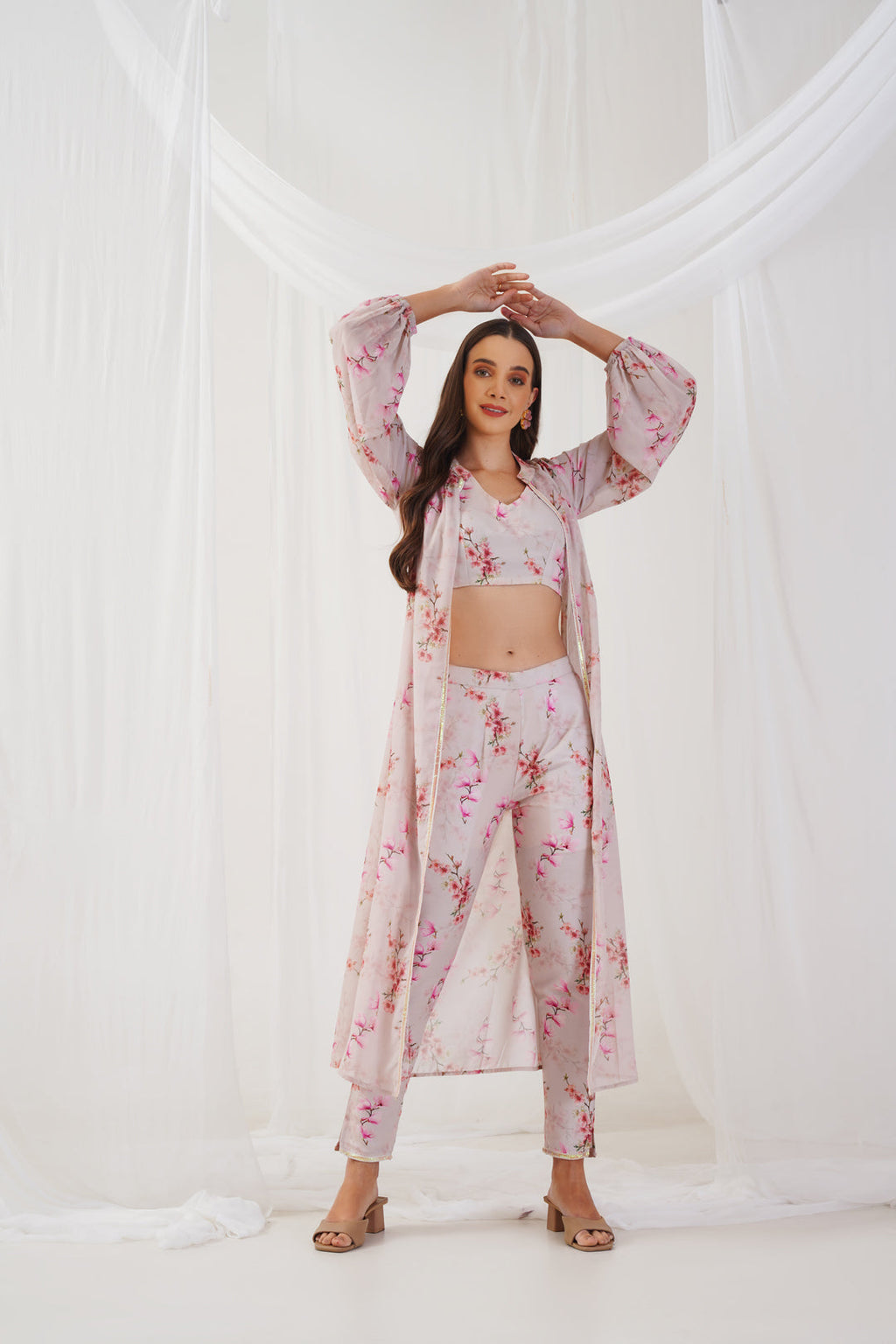 Jompers Women's Cream Floral Printed Crop Top with Trousers & Shrug | Grocsy