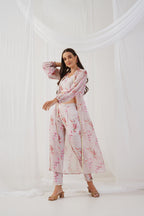 Jompers Women's Cream Floral Printed Crop Top with Trousers & Shrug | Grocsy