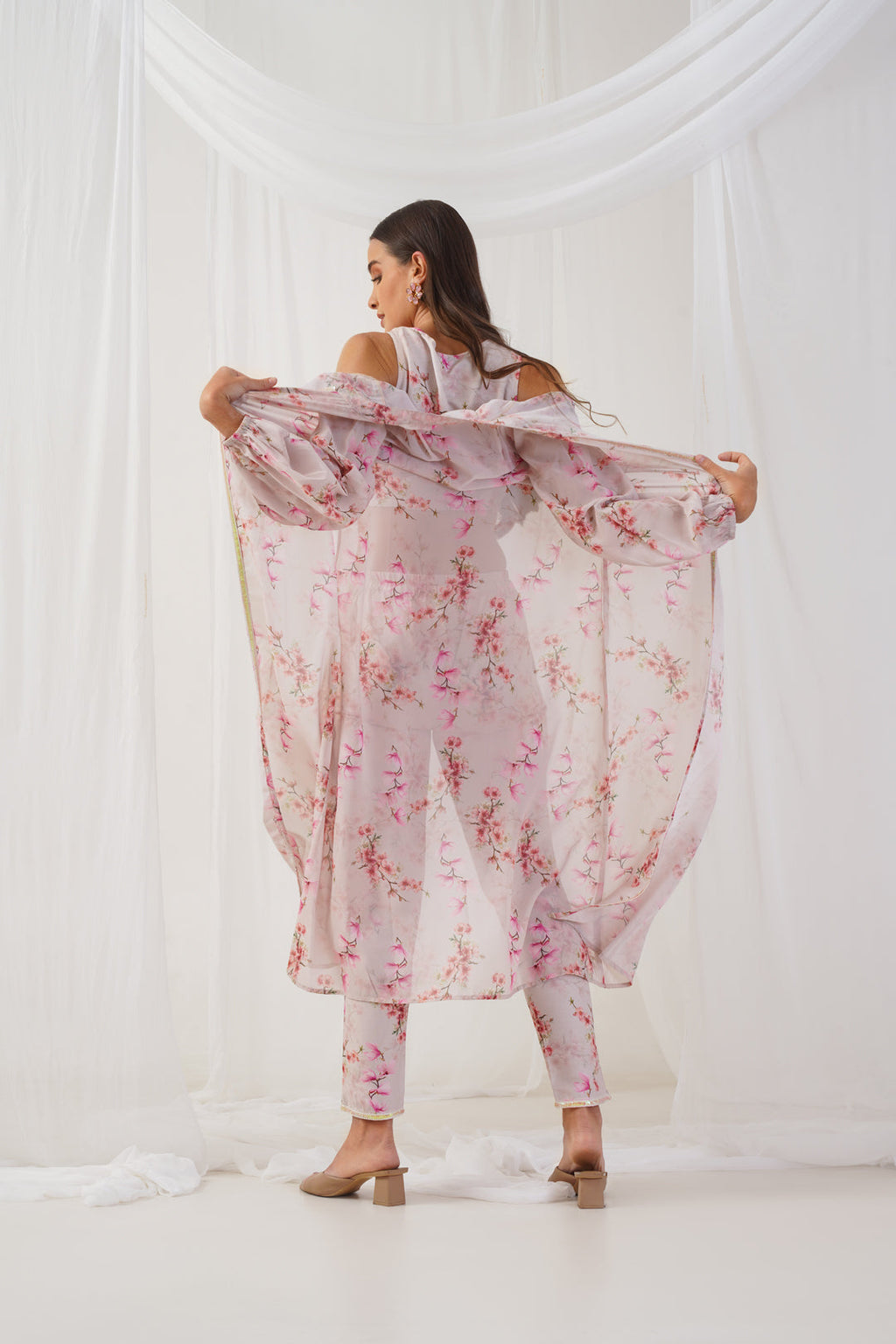 Jompers Women's Cream Floral Printed Crop Top with Trousers & Shrug | Grocsy