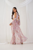 Jompers Women's Cream Floral Printed Crop Top with Trousers & Shrug | Grocsy