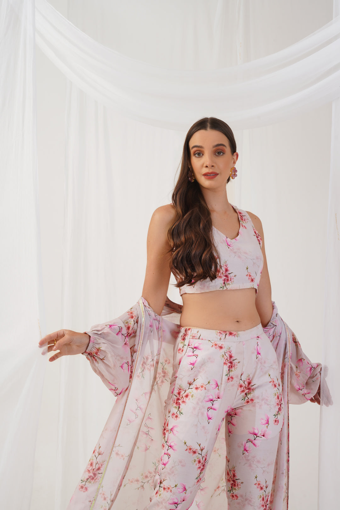 Jompers Women's Cream Floral Printed Crop Top with Trousers & Shrug | Grocsy