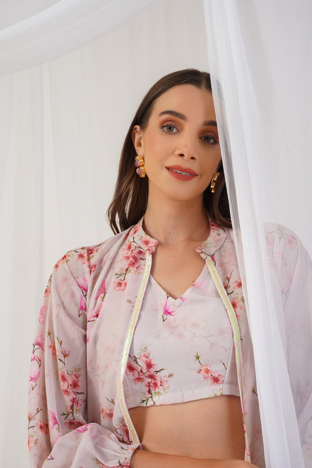 Jompers Women's Cream Floral Printed Crop Top with Trousers & Shrug | Grocsy