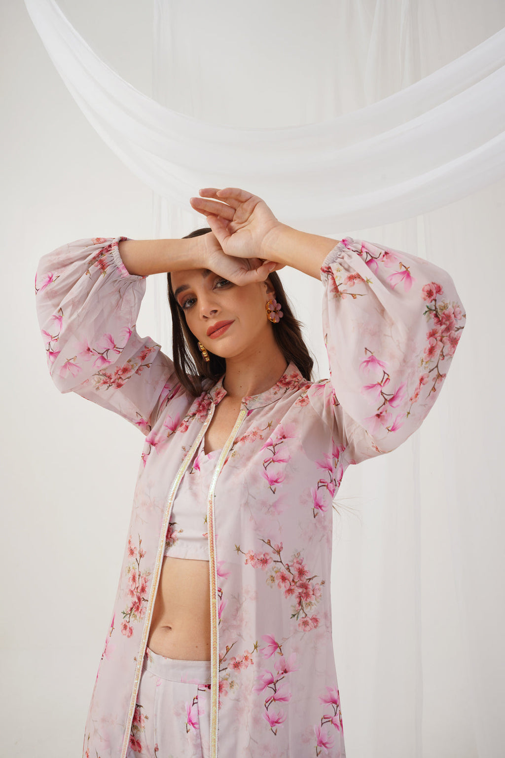 Jompers Women's Cream Floral Printed Crop Top with Trousers & Shrug | Grocsy