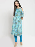 Jompers Women's Blue Printed A-Line Kurta | Grocsy