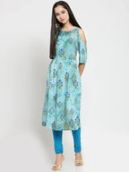 Jompers Women's Blue Printed A-Line Kurta | Grocsy