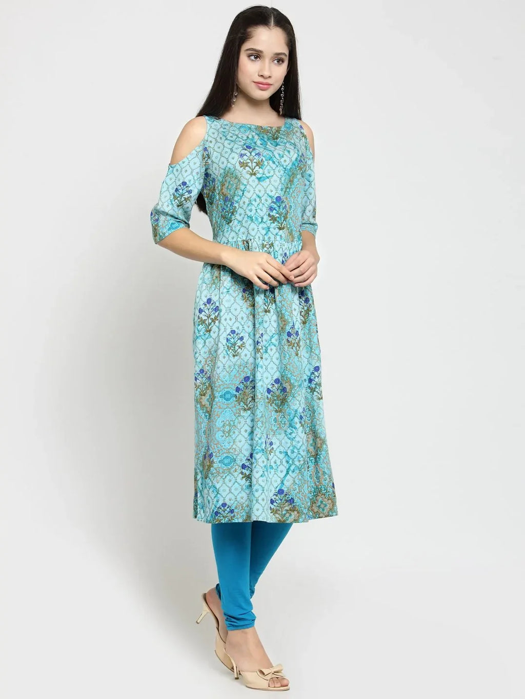 Jompers Women's Blue Printed A-Line Kurta | Grocsy
